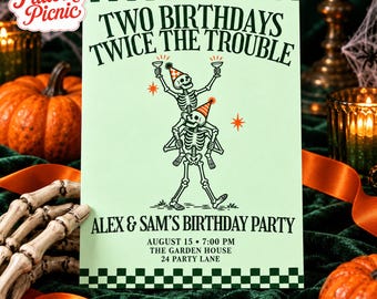 Halloween Joint Birthday Invitation, Green and Orange Skeleton Party Invite, Canva invitation template, Printable 5x7, Digital Download