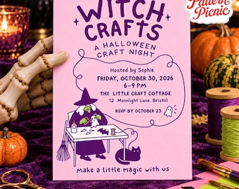 Halloween Craft Night Invitation, Purple Invite, Spooky DIY Party Invite, 5x7, Canva invitation template, Printable 5x7, Digital Download