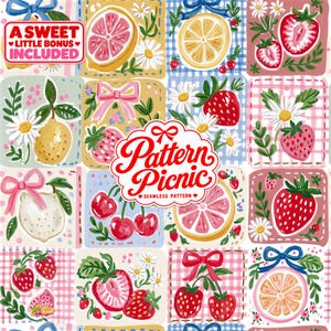 Puede incluir: Un patrón continuo con ilustraciones de fresas, rodajas de limón, rodajas de pomelo, cerezas y margaritas sobre fondos de cuadros. Una etiqueta blanca central dice Pattern Picnic y un recuadro rojo dice A SWEET LITTLE BONUS INCLUDED.