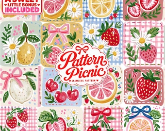 Summer Patchwork Seamless Pattern, Watercolor Lemon & Strawberry Digital Paper, Fruit Grid Surface Design, Commercial Use, Digital Download