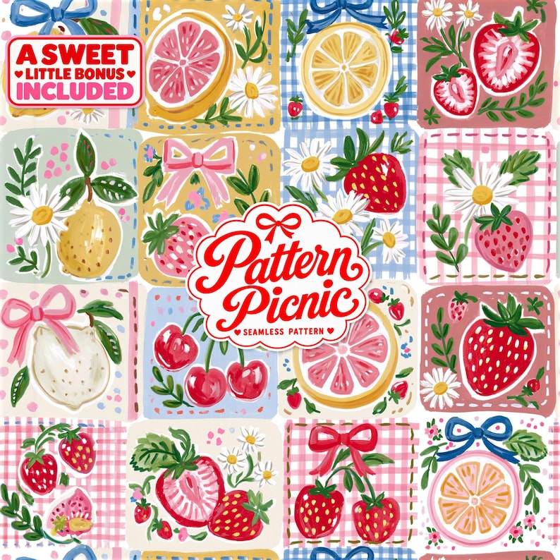 May include: A seamless pattern featuring illustrations of strawberries, lemon slices, grapefruit slices, cherries, and daisies on checkered backgrounds. A central white label reads Pattern Picnic, and a red box reads A SWEET LITTLE BONUS INCLUDED.