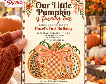Pumpkin First Birthday Invitation, Fall Patchwork Pumpkin with Peach Bow, Canva invitation template, Printable 5x7, Digital Download