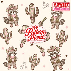 May include: A digital illustration featuring raccoons dressed in cowboy hats, vests, and boots, alongside checkered cacti, revolvers, and stars. The central text reads Pattern Picnic, with a top corner label stating A SWEET LITTLE BONUS INCLUDED.