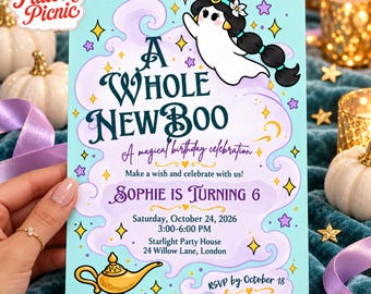Princess Ghost Birthday Invitation, Mint and Lavender Halloween Invite with Magic Lamp and Golden Stars, Printable 5x7, Digital Download