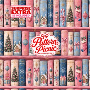 May include: A seamless pattern featuring rows of books with Christmas-themed spines in pink, blue, and cream. Designs include nutcrackers, gingerbread houses, Christmas trees, stockings, candy canes, and ornaments. Text reads: SURPRISE EXTRA IS INCLUDED and Pattern Picnic.