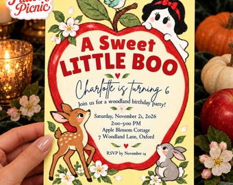 Halloween Black Hair Princess Ghost Birthday Invitation, Red Apple Forest Animals, Canva invite template, Printable 5x7, Digital Download