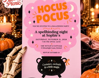 Pink Halloween Party Invitation, Orange Black Witch Cauldron Design, Canva invitation template, Printable 5x7, Digital Download
