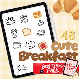 Puede incluir: Una pantalla de tableta digital que muestra una colección de 48 ilustraciones de línea con temática de desayuno, incluyendo un rollo de canela, tarro de mermelada, panqueques, granos de café, taza de café, tostada, tostadora, huevo y croissant.