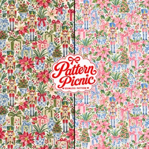 Nahtloses Aquarell-Nussknacker-Musterpaket, Rosa Weihnachtsmuster, Chinoiserie-Weihnachtsmotiv, Rot-Grünes, Kokettes Weihnachtsmotiv, Digitaler Download