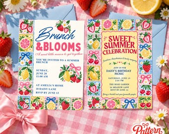 Summer Invitation Bundle, Strawberry Lemon Picnic and Brunch Invitations, Canva invitation template, Printable 5x7, Digital Download