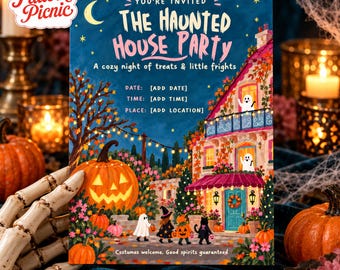 Halloween House Party Invitation, Whimsical Ghosts Pumpkins, Teal and Pink , Canva invitation template, Printable 5x7, Digital Download