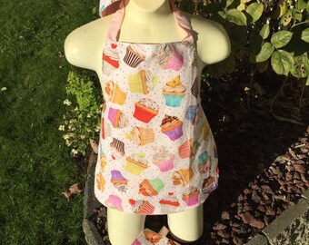 Toddler or Child Cupcake themed reversible Apron sets with chef hat and oven mitt