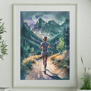 Motivational Running Poster, Female Runner Wall Art, Trail Running Wall Art, Mountain Running Print, Watercolor Runner Art