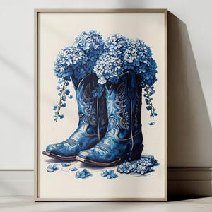 Hydrangea Print, Hydrangea Wall Art, Chinoiserie Cowgirl Boots, Coastal Cowgirl Poster, Cowboy Boot, Blue Floral Wall Art, Cottagecore Decor