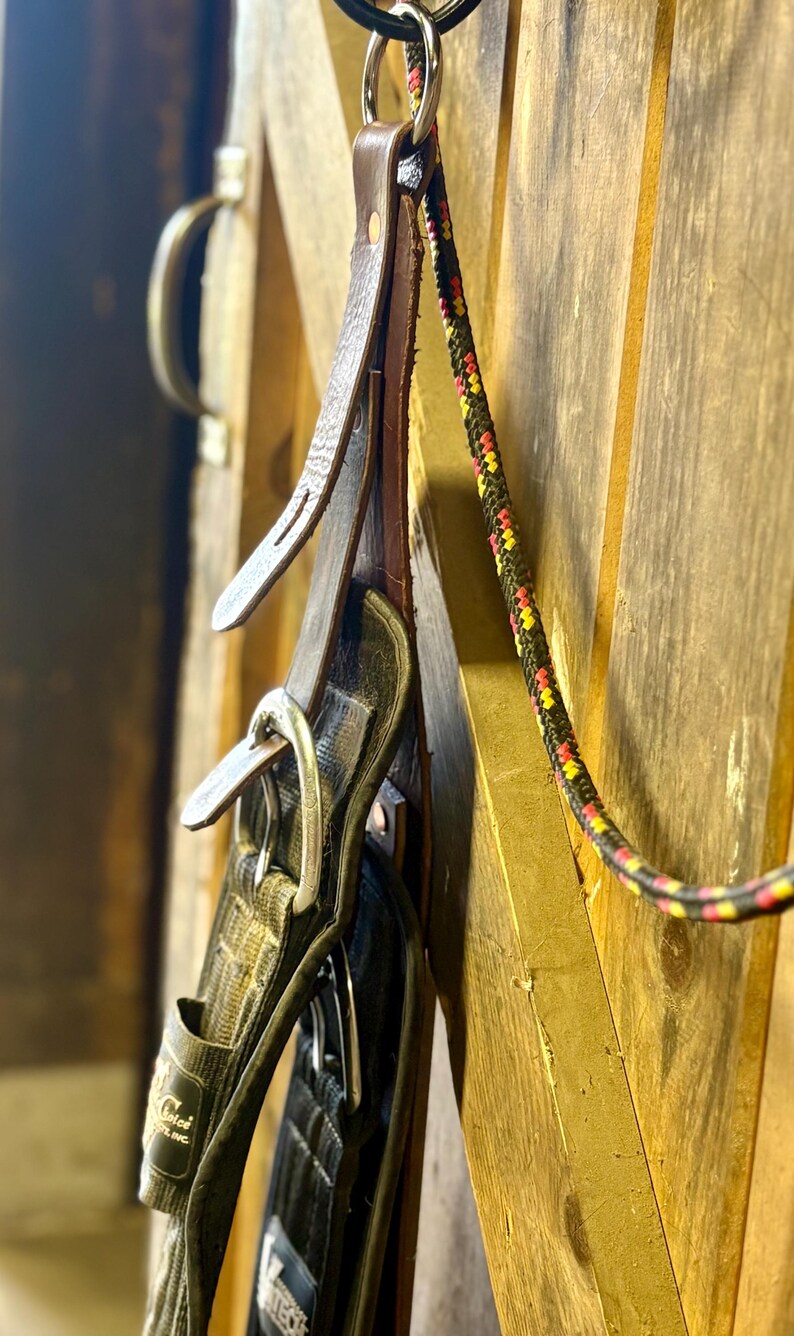 May include: Close-up of equestrian equipment hanging on a wooden wall. The image features a leather strap, a black and silver saddle pad, and a multi-colored rope. The items are suspended from a metal ring, suggesting a storage or display setup.