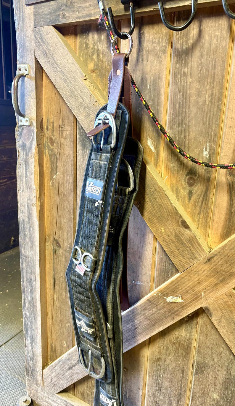May include: A black horse cinch with silver-colored buckles and the "Z Tech" logo, hanging on a wooden door. The cinch is made of a durable material and features a leather strap and a rope.