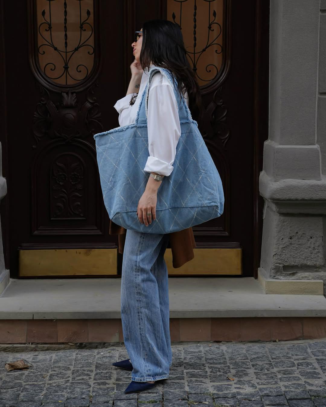Denim große Tasche Upcycled Shopper Jeans Schulter Shopping Individuell starkes Patchwork Nachhaltiges Geschenk