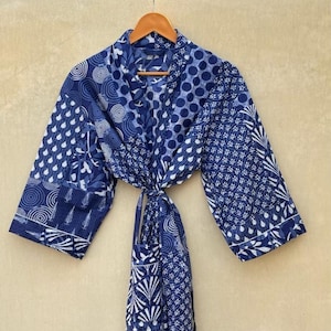 Indian Cotton Kimono Robe Dressing Gown, Block Print Bridesmaid Robe, Summer Nightwear, One Size