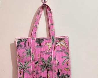 Quilted Cotton Tote Bag, Tiger Print, Indian Handmade Market Bag