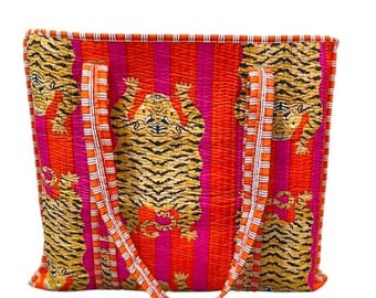 Tiger Print Quilted Cotton Tote Bag, Handmade Market Bag