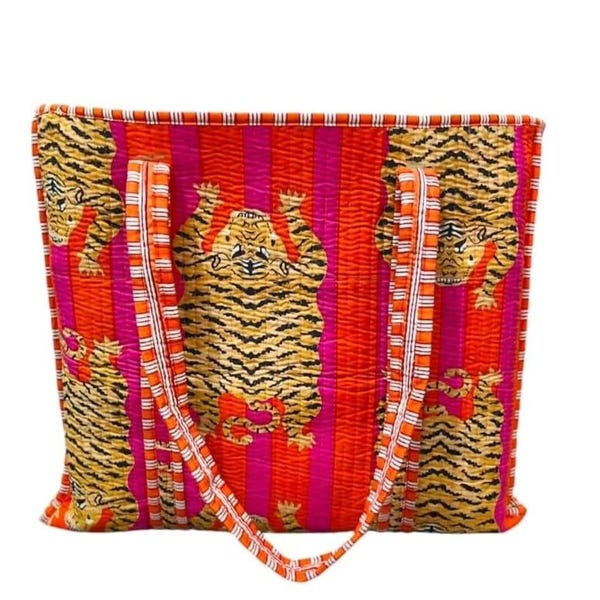 Gewatteerde katoenen draagtas met tijgerprint, handgemaakte Market Bag
