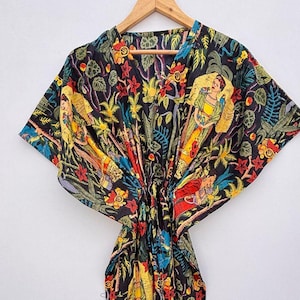Indian Handmade Floral Cotton Kaftan,Women Dress Long Caftan,Dress Beach Cover up, Flower Hand Block Print Sleepwear Maxi Dress Kimono Rabe