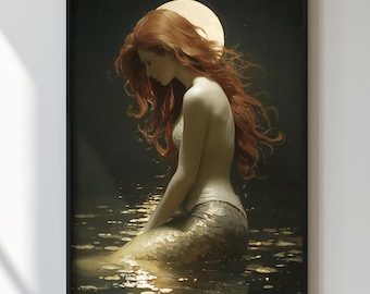 Mermaid Wall Art Print, Fantasy Ocean Artwork, Moonlight Sea Decor, Elegant Sea Creature Painting