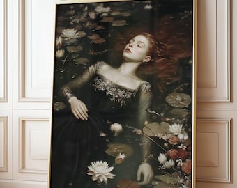 Ophelia Drowning Print, Dark Academia Wall Art, Vintage Shakespeare Tragic Romance, Victorian Floral Painting