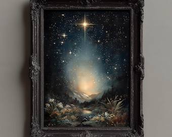 Starry Night Celestial Print: Vintage Mountain Landscape, Dark Academia Decor (Digital Download