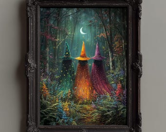 秋の魔女のアートプリント、ムーディーな森のゴシック・ウィッチコア絵画、ダーク・アカデミア、ハロウィンの壁飾り