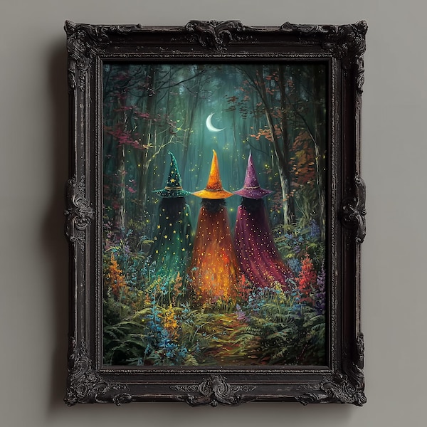 Lámina artística de brujas otoñales, pintura gótica de witchcore de Moody Forest, Dark Academia, decoración de pared de Halloween