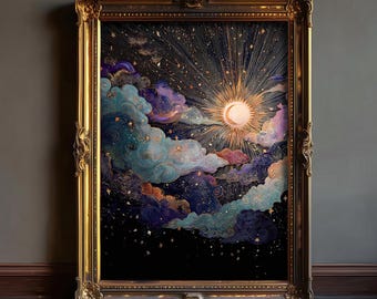 Celestial Balance – Sun and Moon Wall Art Print | Cosmic Boho Decor, Framed Print
