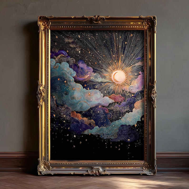 Celestial Balance – Sun and Moon Wall Art Print | Cosmic Boho Decor, Framed Print image 1