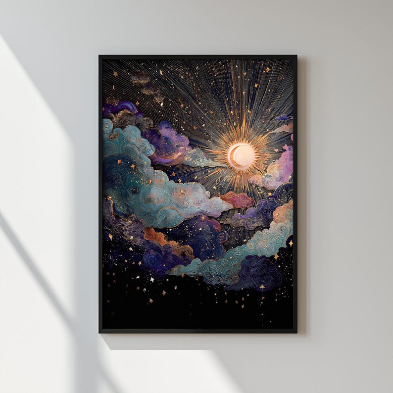 Celestial Balance – Sun and Moon Wall Art Print | Cosmic Boho Decor, Framed Print image 4