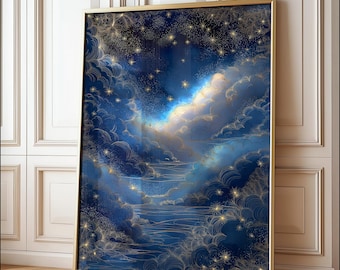 Celestial Stars Gemälde, Blau und Gold Nachthimmel Kunstdruck, Gerahmter Mond, Wolke Kunstwerk