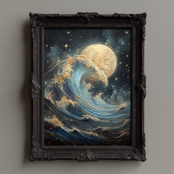 Lunar Seascape Print: Hokusai Inspired Moon & Wave Art (Digital Download A1 Size JPGs Included)