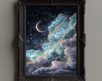 Wassende maan in wolken muurkunst print, sterrennachthemel schilderij, hemelse kunstwerken afdrukbaar