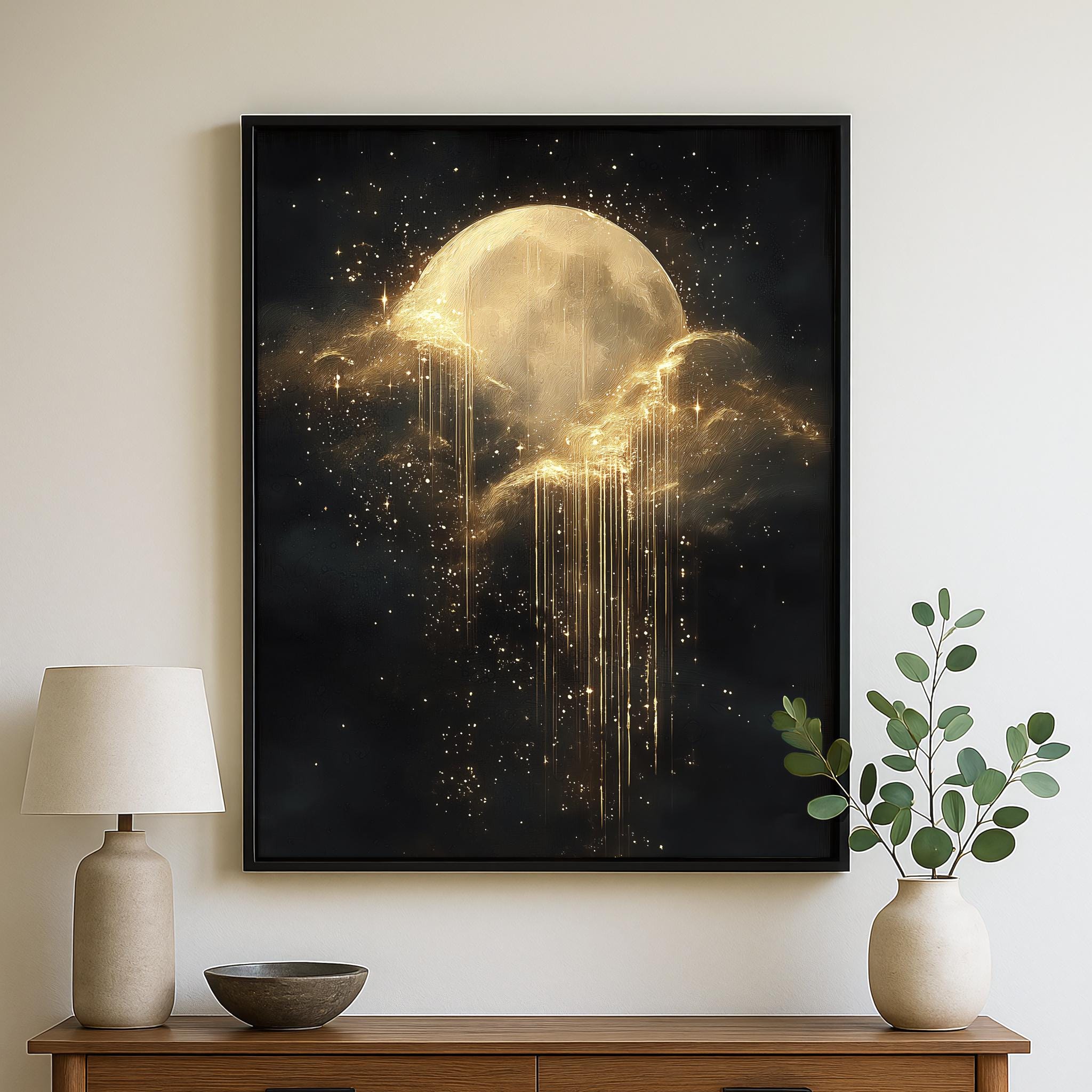 Golden Drip Moon Art Print: Dark Acedemia Wall Art, Surreal Celestial ...