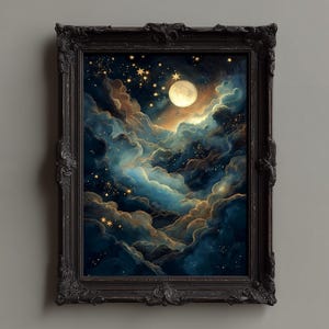 Moon and Stars Vintage Celestial Cloudscape Wall Art | Engraved Night Sky Print, Starry Sky Digital Download, Mystical Wall Decor