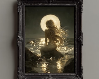 Lámina artística de sirena a la luz de la luna: Ilustración de sirena fantástica, decoración costera para el hogar