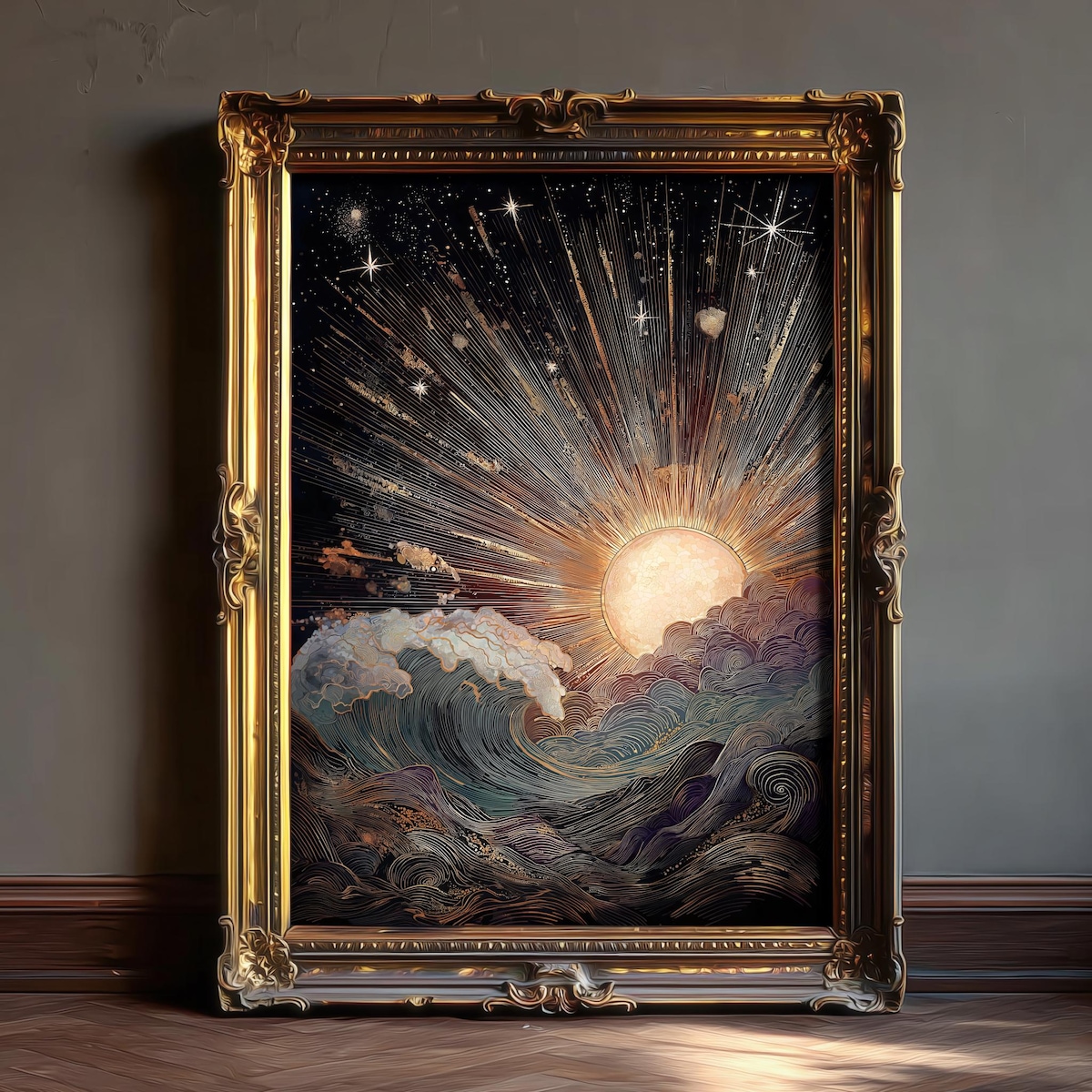 Cosmic Dawn – Sun and Stars Wall Art Print | Boho Celestial Decor, Framed Print