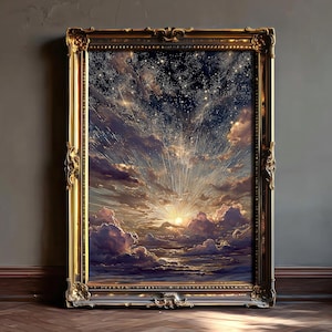 May include: A framed artwork depicting a celestial scene with a golden frame. The artwork showcases a sunrise or sunset with radiant light bursting through clouds, and a starry night sky above. The frame has ornate detailing.