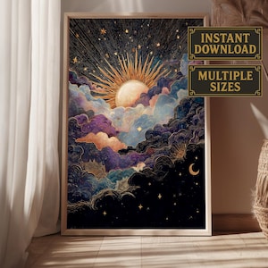 Impression d&#39;art céleste soleil et lune : décoration bohème cosmique (téléchargement numérique