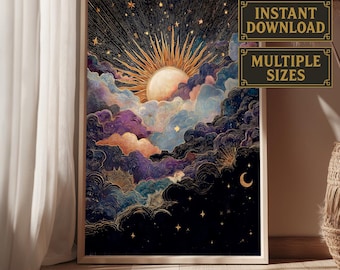 Sun and Moon Celestial Art Print: Cosmic Boho Decor (Digital Download