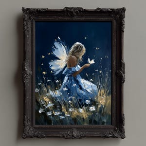 夢のような妖精のウォールアート – 気まぐれなファンタジーデジタルダウンロード、蝶と少女のプリント、フェアリーコアデコレーション、魔法のコテージプリント