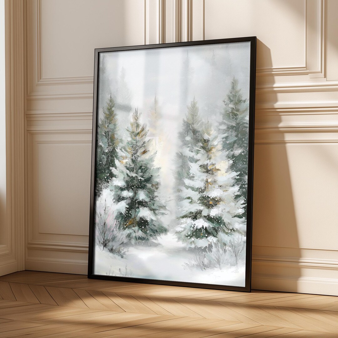 Snowy Pine Trees Art Print – Neutral Winter Landscape Painting - Etsy