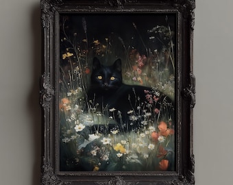 Stampa artistica con gatto Moody Cottagecore: arredamento gotico per la casa Dark Academia