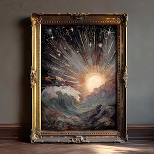 May include: An artwork in a gold ornate frame shows a celestial scene with a sunburst, stars, and a wave. The colour palette includes gold, blue, and purple tones, creating a dramatic and ethereal effect. The frame is a decorative element.