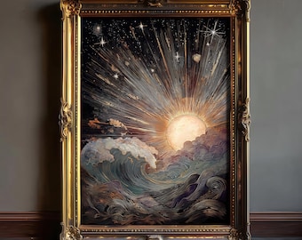 Cosmic Dawn - Sun and Stars Wall Art | Boho Celestial Decor, Framed Print