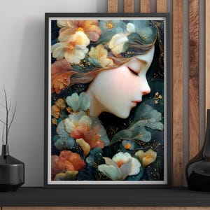 Ethereal Floral Dream Portrait – Dreamy Feminine Botanical Wall Art, Surreal Fantasy Woman Print, Printable Digital Download